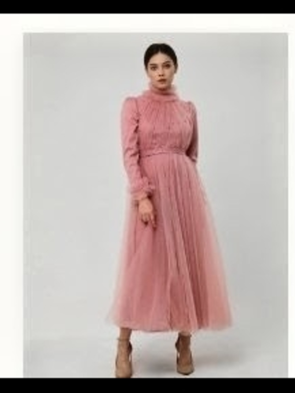Elegant Pink High-Neck Tulle Midi Dress